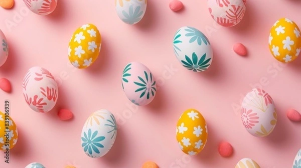Fototapeta A flat lay of colorful Easter eggs decorated with geometric and floral patterns on a pink background
