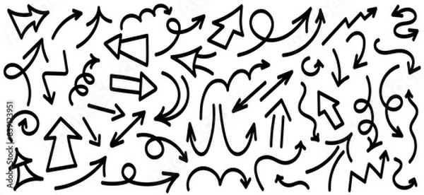 Fototapeta Scribble arrows set. Sketch vector arrows set. Hand drawn arrows, mark point icons collection. Set of Hand Drawn Arrows with Marker and Brush. Doodle illustration isolated on white background