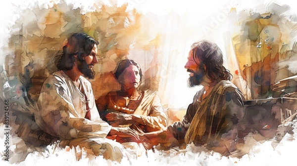 Obraz Digital watercolor painting of Jesus Watercolor painting, Jesus healing a sick woman in her humble home, family members looking on with gratitude, warm light filling the room,