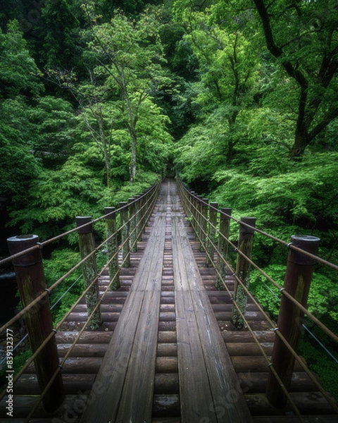Fototapeta 茨城県高萩市　花貫渓谷　新緑の汐見滝吊り橋