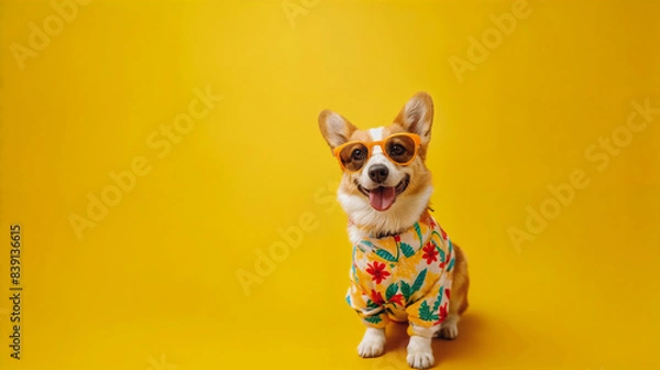 Fototapeta Closeup portrait of corgi dog in fashion sunglasses and swimsuit. Funny pet on bright yellow background with copy space. Summer, vacation, holiday concept. For banner, card, flyer, ads.