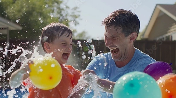 Obraz A father and son having a water balloon fight in their backyard, with water splashing and both laughing.