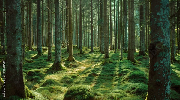 Obraz A dense pine forest in northern Europe, with tall trees and mosscovered ground, showcasing the natural beauty of an old growth woodland