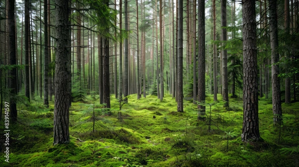 Fototapeta A dense pine forest in northern Europe, with tall trees and mosscovered ground, showcasing the natural beauty of an old growth woodland