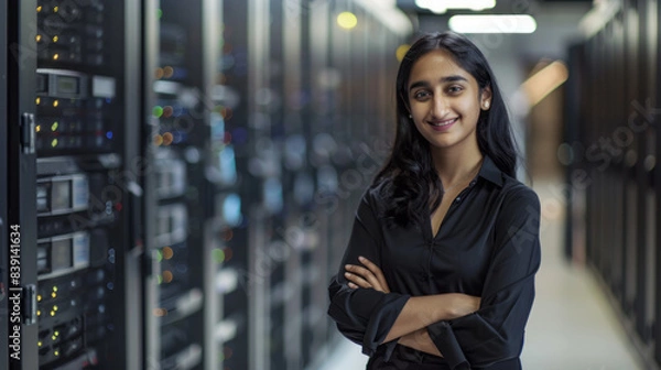 Fototapeta Waist up portrait of indian female system admin in server room, copy space