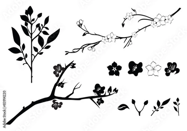 Obraz Cherry branch set isolated on white silhouettes