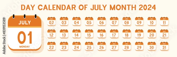 Fototapeta Day calendar of july month 2024. Vector flat daily calendar icon. Date, day and month. 