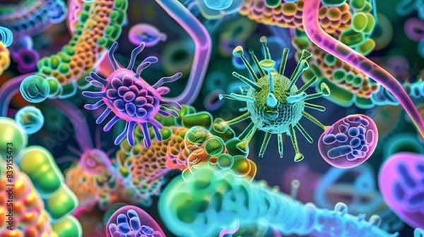 Obraz Otherworldly depictions of the role of gut microbiota in promoting overall health, abstract  , background