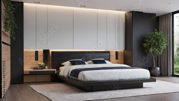 Obraz Modern bedroom design, modern furniture, double beds and french window, high-end apartments or hotels, high-end furniture
