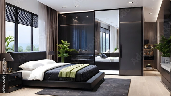 Obraz Modern bedroom design, modern furniture, double beds and french window, high-end apartments or hotels, high-end furniture
