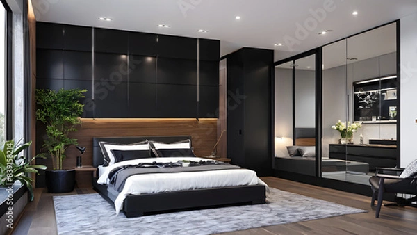 Obraz Modern bedroom design, modern furniture, double beds and french window, high-end apartments or hotels, high-end furniture