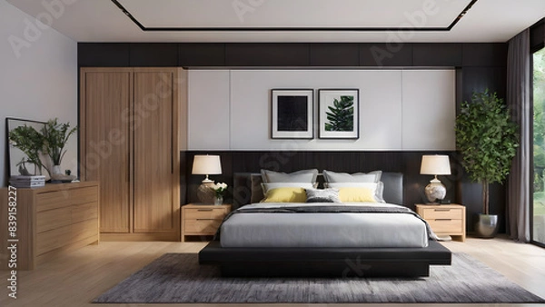 Obraz Modern bedroom design, modern furniture, double beds and french window, high-end apartments or hotels, high-end furniture