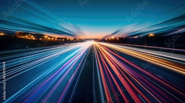 Fototapeta Swift Afternoon Highway: Car on Lit Road in Dynamic Long-Exposure Photo