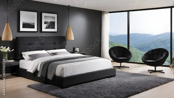 Obraz Modern bedroom design, modern furniture, double beds and french window, high-end apartments or hotels, high-end furniture