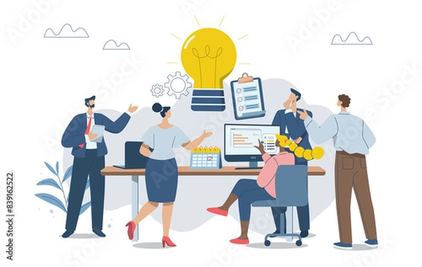Fototapeta Analyzing ideas to solve and improve business, Creative brainstorming, Team meeting and organization goals, Problem solving idea generation, PNG image with transparent background.