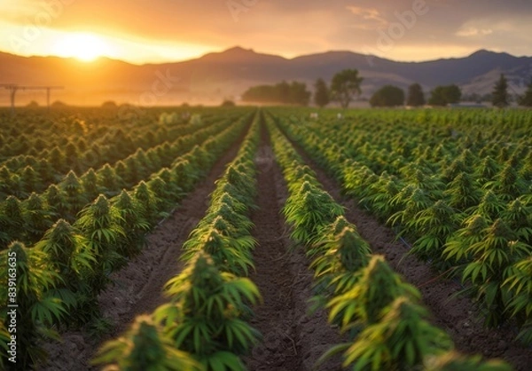 Fototapeta A serene landscape of a lush cannabis field at sunset, bathed in warm golden light. This image captures the tranquil beauty of a thriving cannabis farm, perfect for agricultural and nature themes.