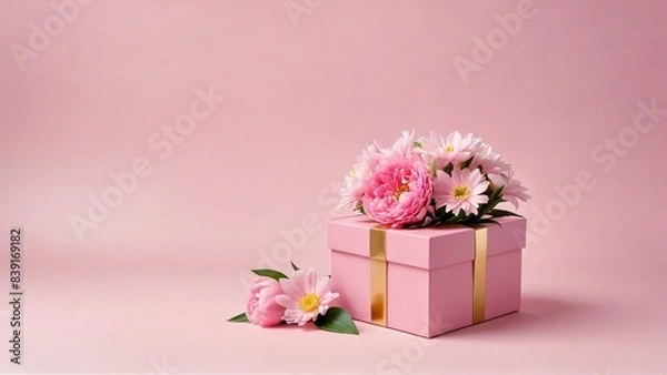 Obraz Fresh spring flowers laying near Gift box with ribbon on soft pink background
