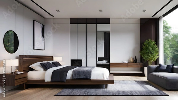 Obraz Modern bedroom design, modern furniture, double beds and french window, high-end apartments or hotels, high-end furniture