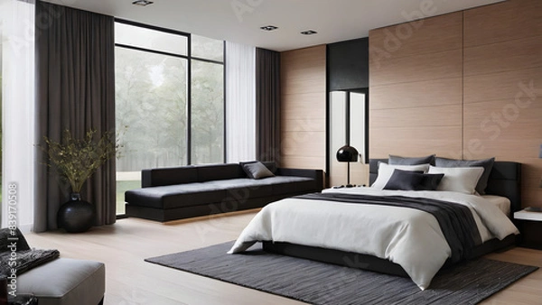 Obraz Modern bedroom design, modern furniture, double beds and french window, high-end apartments or hotels, high-end furniture