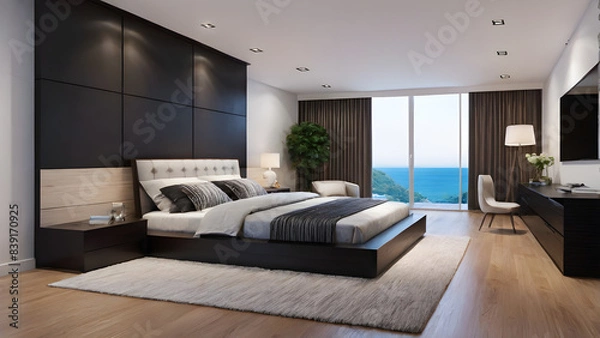 Fototapeta Modern bedroom design, modern furniture, double beds and french window, high-end apartments or hotels, high-end furniture