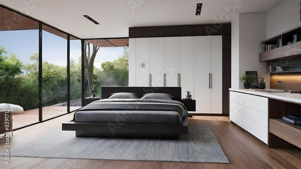 Obraz Modern bedroom design, modern furniture, double beds and french window, high-end apartments or hotels, high-end furniture