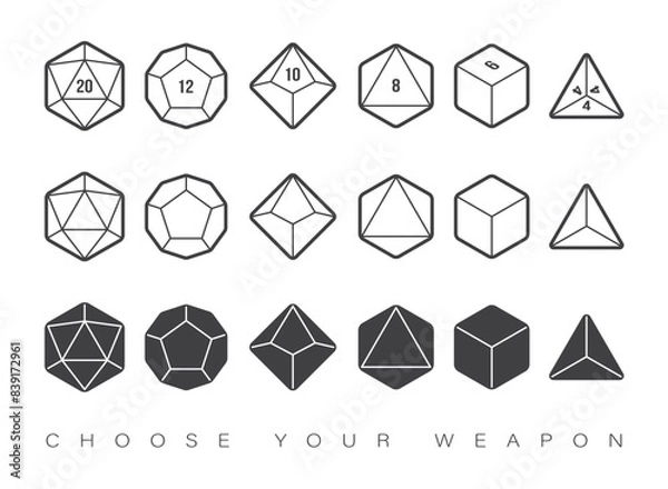 Obraz Vector circle line dice set. 20, 12, 10, 8, 6 and 4 sided. Board games. Isolated on white background.