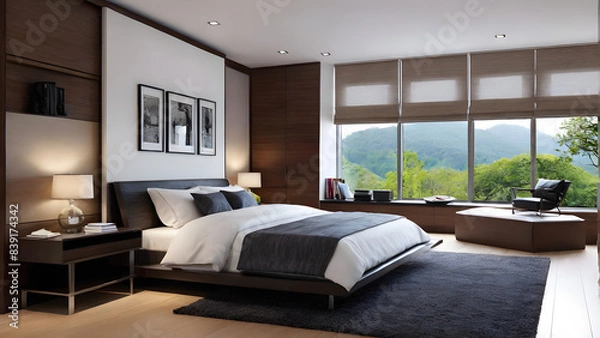 Obraz Modern bedroom design, modern furniture, double beds and french window, high-end apartments or hotels, high-end furniture