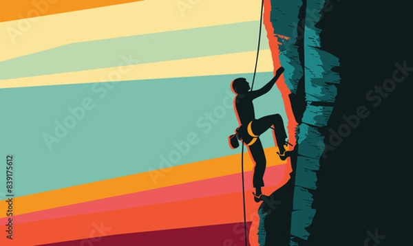 Fototapeta Silhouetted climber scaling cliff vibrant sunset background. Rock climbing extreme sport adventure silhouette. Climber secured harness rope activity against colorful sky