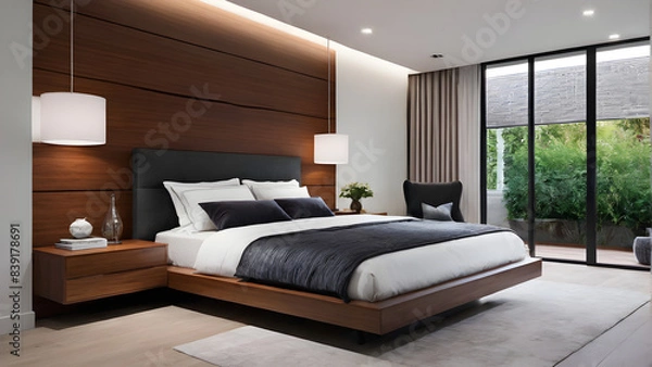 Obraz Modern bedroom design, modern furniture, double beds and french window, high-end apartments or hotels, high-end furniture