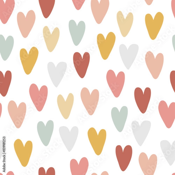 Fototapeta Colourful hearts create a seamless, childish print suitable for apparel, posters, and nursery decoration. This vector rainbow print is vibrant and cheerful.