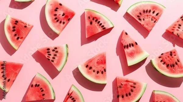 Fototapeta Pattern with ripe watermelon on pink background, top view, copy space, pop art design, photorealistic, vibrant, overlay, fun and playful