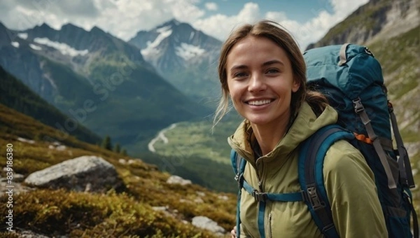 Fototapeta Hiker, mountain and portrait in environment for landscape, nature or adventure for extreme sport, travel and explore. Woman, smile and trail for recreation, hiking and journey with backpack on mockup
