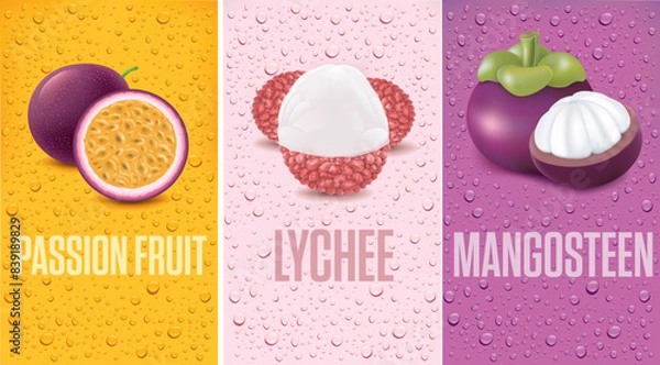 Obraz many fresh juice drops background with mangosteen, lychee, passionfruit	
