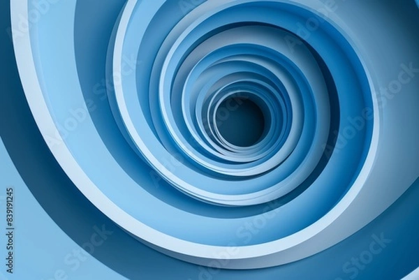 Fototapeta Blue background, threedimensional circular structure with white geometric shapes on the surface of spiral layers