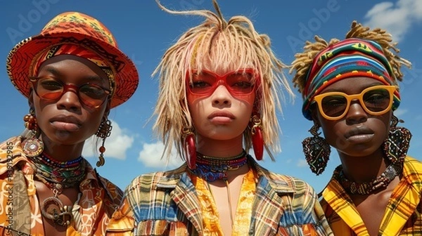 Fototapeta Three diverse models wearing colorful clothing and sunglasses against a blue sky.
