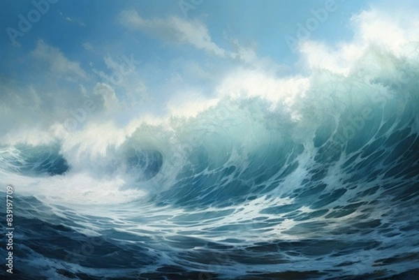 Fototapeta Digital illustration of a powerful, cresting ocean wave under a dynamic sky