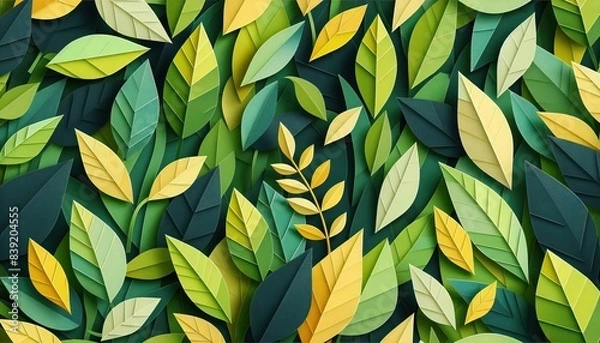 Fototapeta Colorful abstract paper art background with green yellow white leaves nature botanical design