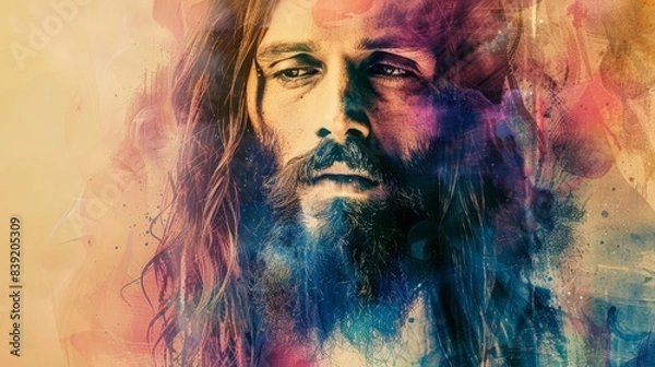 Fototapeta jesus christ portrait with long beard and mustache abstract background