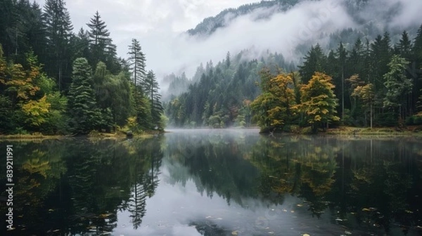Fototapeta serene forest lake reflecting towering trees and cloudy sky landscape photography