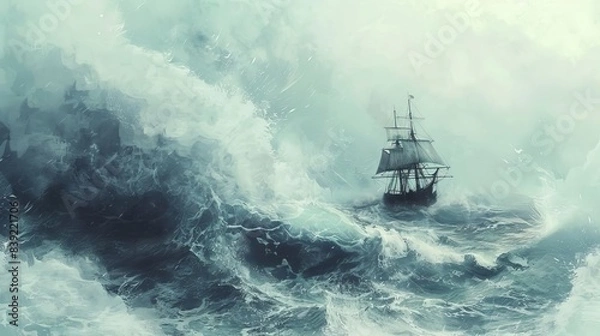 Fototapeta tempestuous voyage turbulent seas engulfing gallant ship in stormy ocean scene digital painting