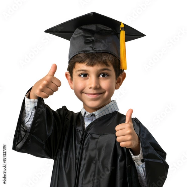 Fototapeta Kid in graduation cap and gown giving a thumbs up isolated on transparent background..