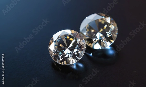 Fototapeta Two round cut diamonds rest on a dark blue surface