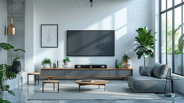 Fototapeta A modern credenza with a sleek design, providing additional storage and surface space for decorative items and media equipment. Flat color illustration, shiny, Minimal and Simple,