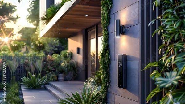 Fototapeta A sleek and modern smart doorbell with camera, mounted on the exterior wall of an urban home in Sydney Australia, showcasing advanced security features like advanced AI facial recognition.