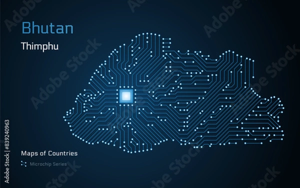 Fototapeta Bhutan Map with a capital of Thimphu Shown in a Microchip Pattern with processor. E-government. World Countries vector maps. Microchip Series	