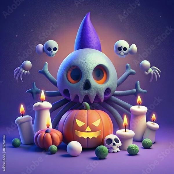 Obraz Halloween element set isolated on purple background. 3d illustrated