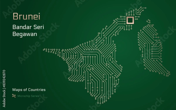 Fototapeta Brunei Map with a capital of Bandar Seri Begawan Shown in a Microchip Pattern with processor. E-government. World Countries vector maps. Microchip Series	