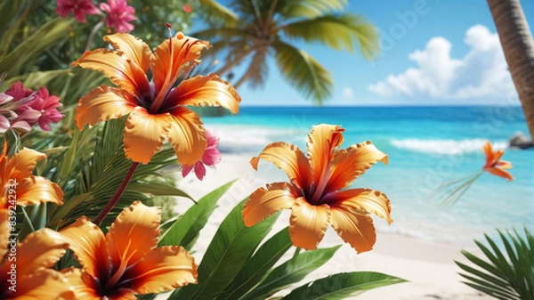 Fototapeta Exotic Coastal Retreat: Tropical Flowers Create a Captivating Aura in the Summer Beach Scene, Generative AI