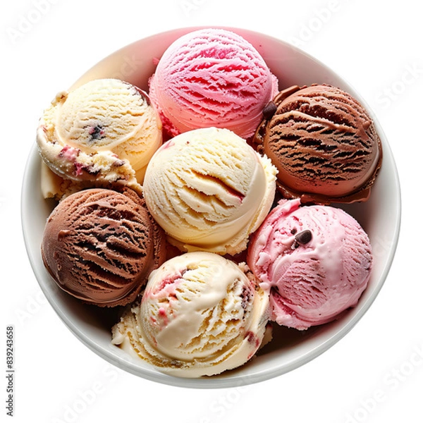 Fototapeta A bowl of assorted ice cream scoops including chocolate, vanilla, and strawberry flavors, presented in a white bowl.