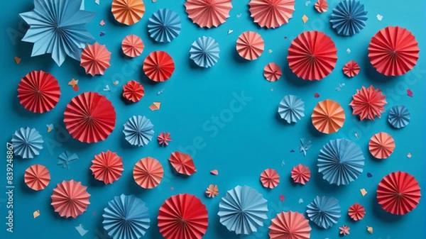 Fototapeta Crafty Celebration Ensemble: Set of Festive Paper Decorations for DIY Art Installation on Blue Background, Generative AI